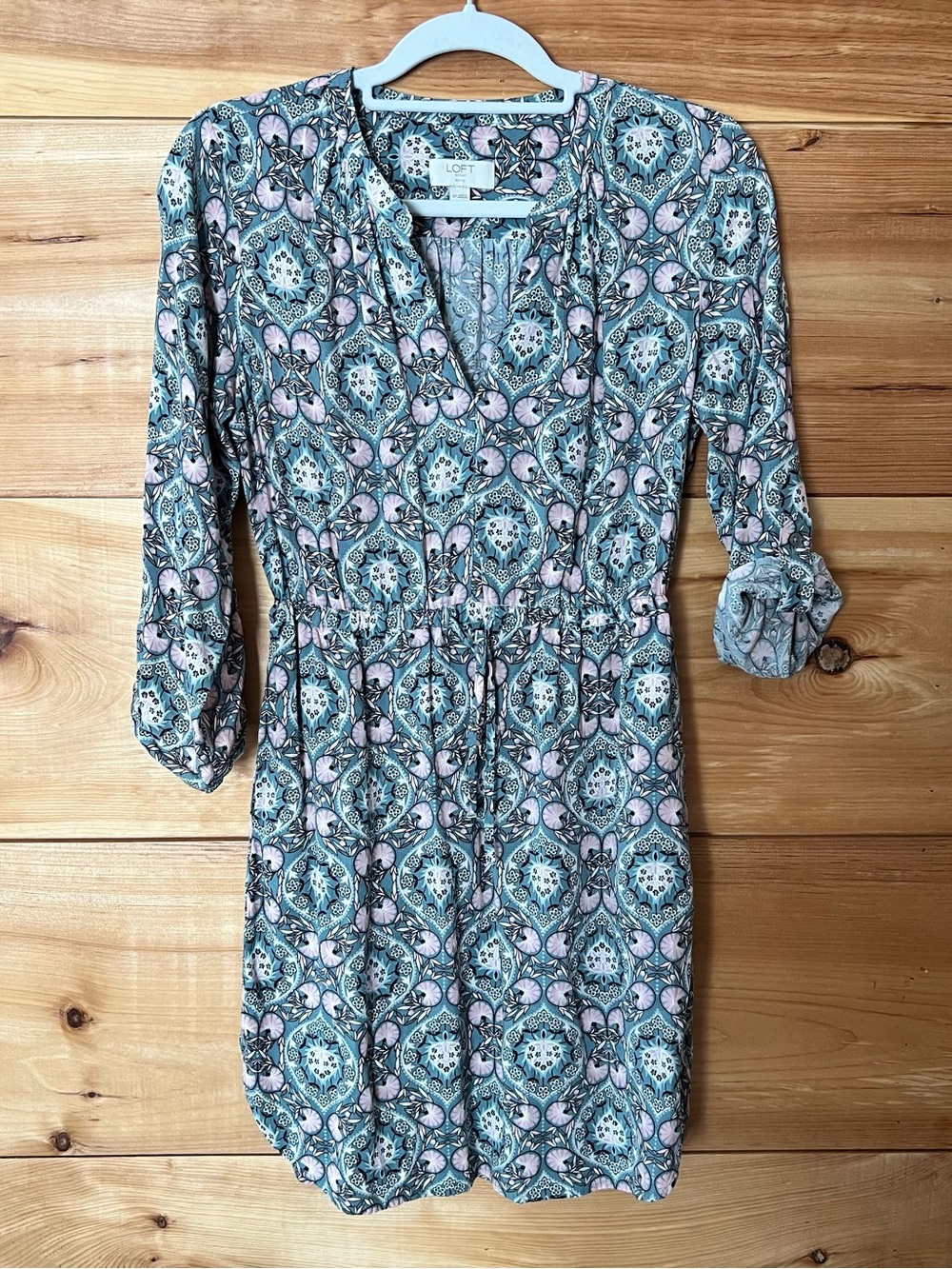 LOFT Green, Teal & Pink Patterned Long Sleeve V-Neck Peasant Dress Boho Casual